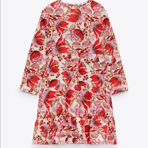 New Zara Mini Floral Dress S Red Pink - Picture 8 of 15